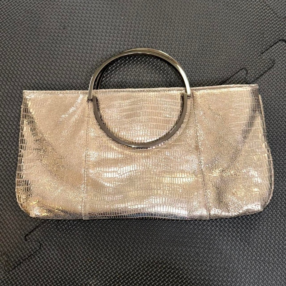 Vintage Leather Metallic Clutch Handbag With Metal Circle Handles Fair